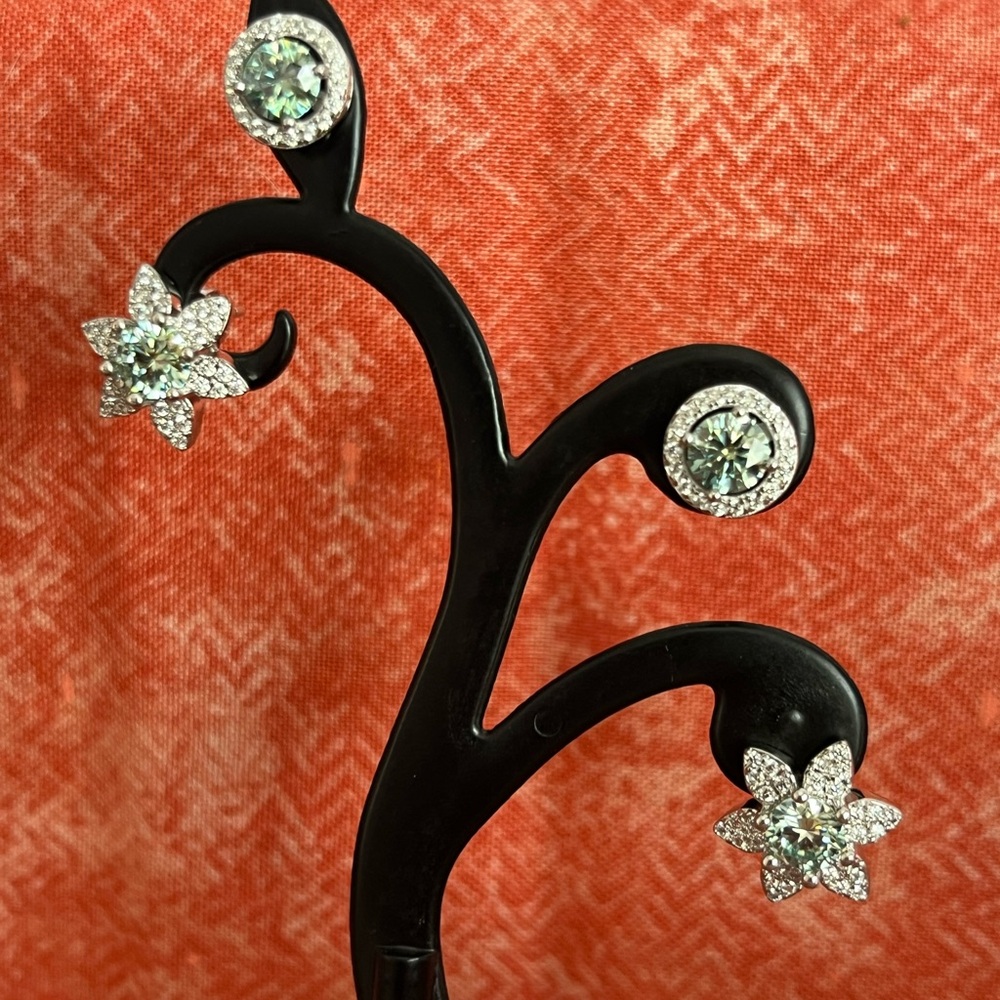 2 Pair Sparkling Teal/Wht Moissanite Floral Stud and Classic Round Stud Earrings
